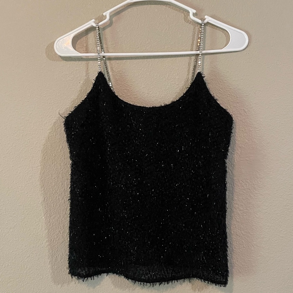 Vtg Semi Sheer Black Sparkle Tank Top with Rhinestone Straps